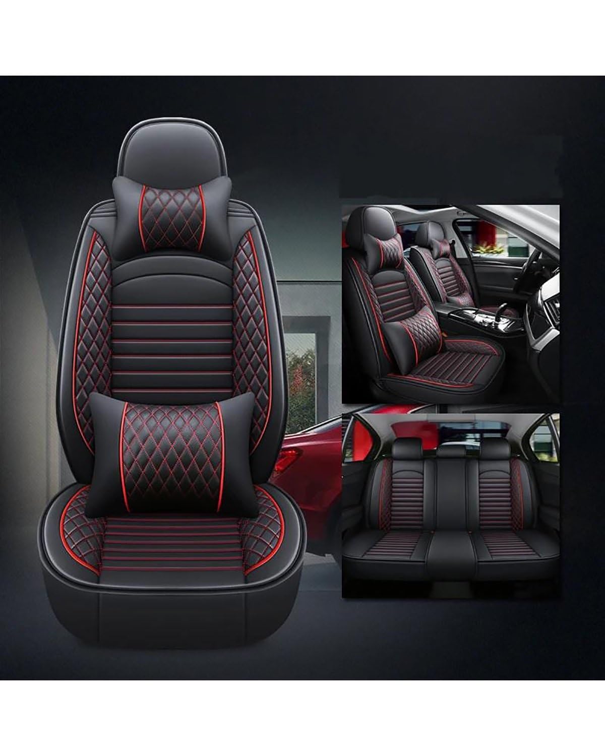 Auto Vordersitze Für Toyota Für Corolla Für Camry Für Prius Für Seat Für Stinger Innenausstattung Auto Kunstleder Autositzbezug Sitzbezüge Auto(8Black Red 5 Seat) von NASDGAKF