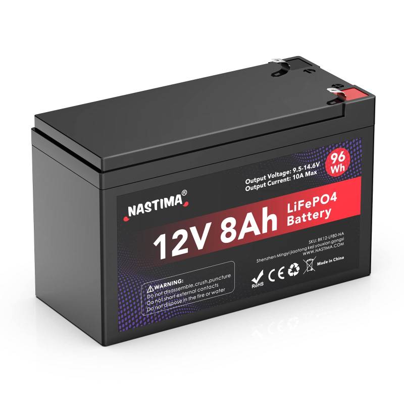 NASTIMA 12V 8Ah LiFePO4 Wiederaufladbare Batterie Mit BMS-Schutz und 4000 Deep-Cycle Wartungsfrei, Geeignet für Solarpanel-Kits, Kinderwagen, Wohnmobile, Boote, Camping, Fischfinder von NASTIMA