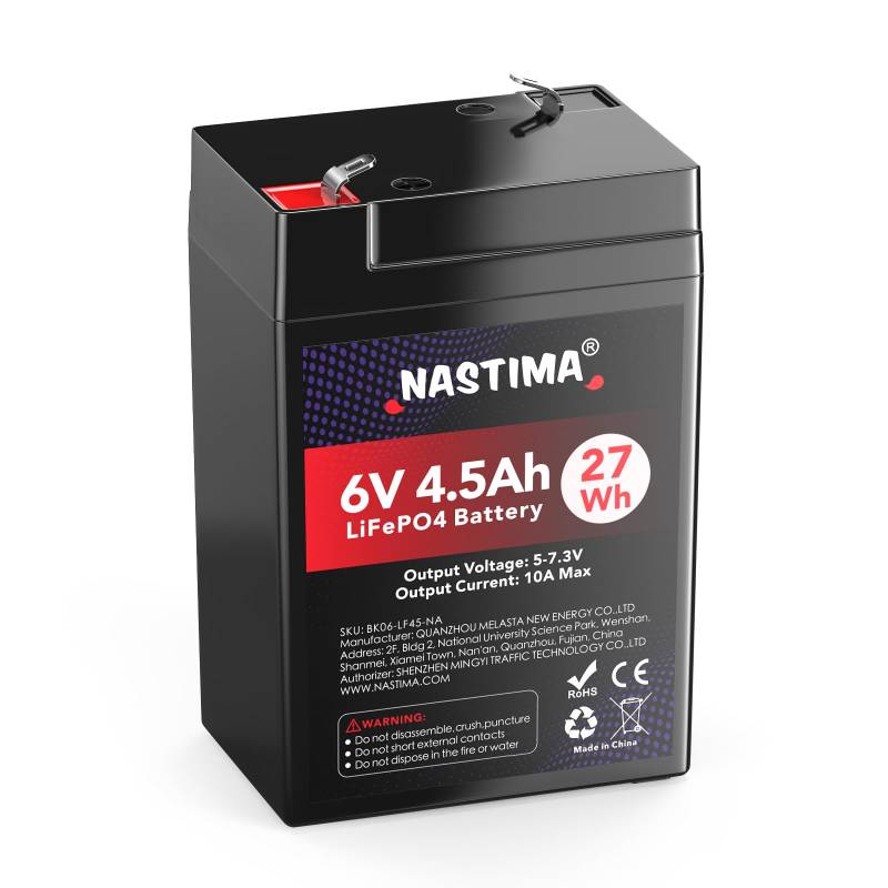 NASTIMA 6V 4,5Ah LiFePO4 Wiederaufladbare Batterie Mit BMS-Schutz und 2000 Deep-Cycle Wartungsfrei, Geeignet für Notstrombeleuchtung, Kinderspielzeugautos, Motorboote, Camping, Sonnenkollektoren von NASTIMA