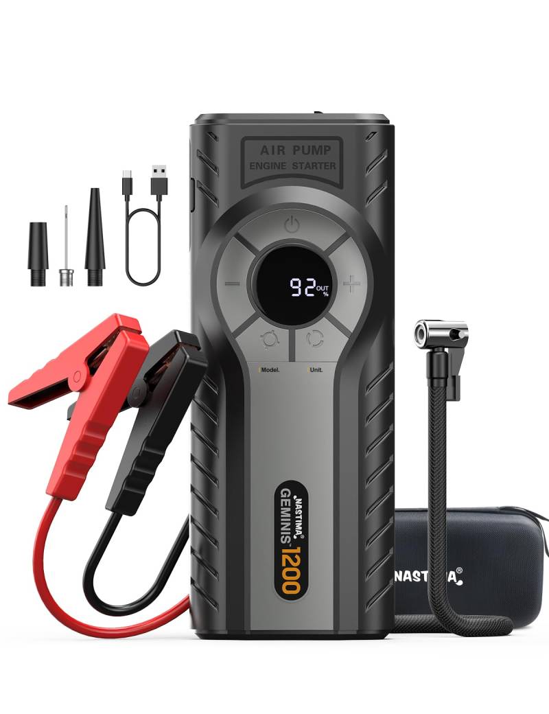 NASTIMA Starthilfe Powerbank mit Kompressor, Hohe Spitzenstrom Jump Starter PowerBank QC18W für 8L Benzin, 6L Diesel Motor, 4 in 1 Jump Starter mit Led-Taschenlampe,Smart Clip Cord,Aufbewahrungstasche von NASTIMA