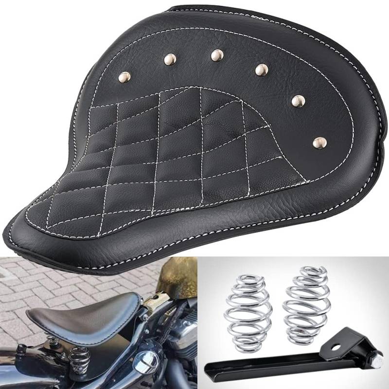 NATGIC Motorrad Fahrersitz mit Federhalterung Universal Leder Motorrad Solositz Schwarz Rhombus Motorrad Vordersitzkissen für H-Arley Sportster Bobber Chopper Custom von NATGIC