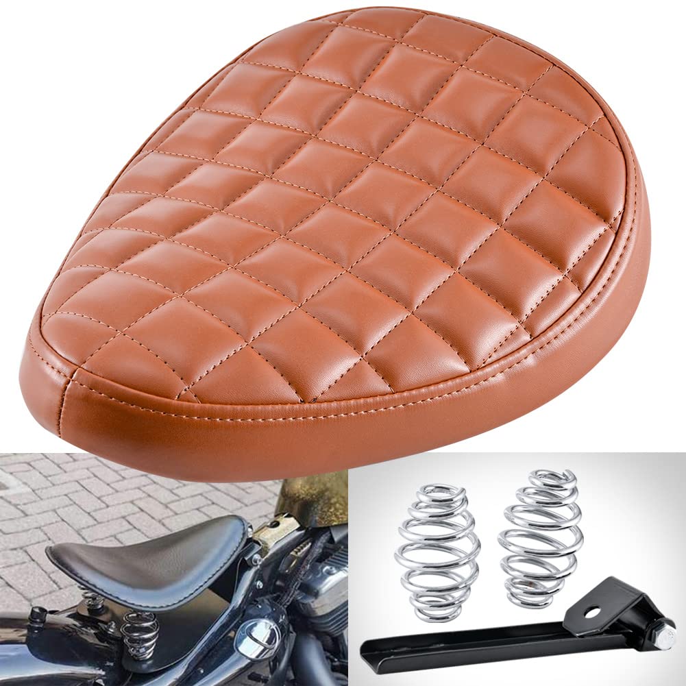 NATGIC Motorrad Solo Sitzkissen Grundplatte Feder Sitzpolster Sattelhalterung Motorrad Rollleder Solo Sitz für H-Arley Cruiser Bobber Chopper H-onda Y-amaha S-uzuki K-awasaki (Quadrat - Braun) von NATGIC