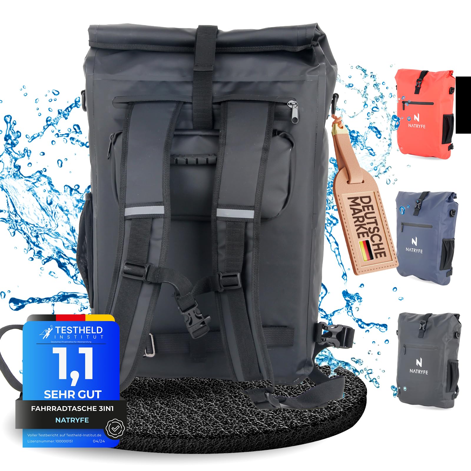 NATRYFE 3in1 Fahrradtasche für Gepäckträger - Gepäckträgertasche,Fahrradrucksack Gepäckträger, Bike Bag - 20L Volumen, 100% Wasserdicht & Robust - Bombenfester Halt an jedem Gepäckträger von NATRYFE