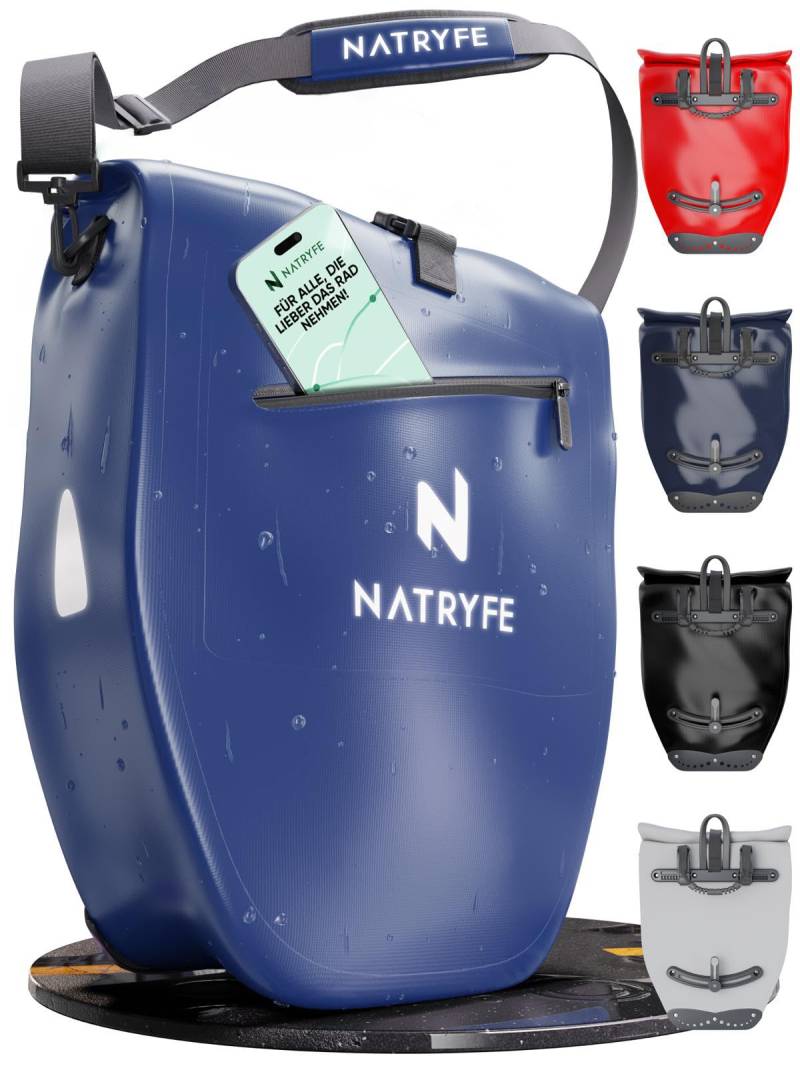 NATRYFE Fahrradtasche für Gepäckträger - 20L Volumen, 100% Wasserdicht & Robust - Mit Reflektoren & Schultergurt - Bombenfester Halt an jedem Gepäckträger - Ideale Gepäckträgertasche von NATRYFE