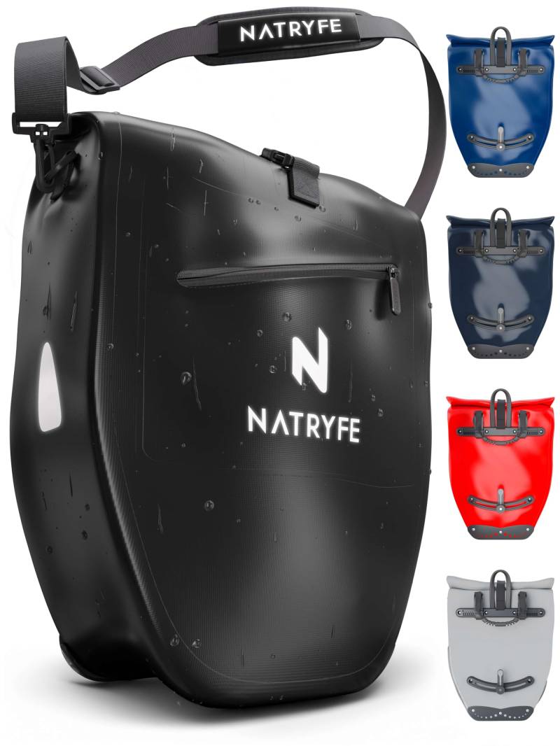 NATRYFE Fahrradtasche für Gepäckträger - 28L Volumen, 100% Wasserdicht & Robust - Mit Reflektoren & Schultergurt - Bombenfester Halt an jedem Gepäckträger - Ideale Gepäckträgertasche von NATRYFE