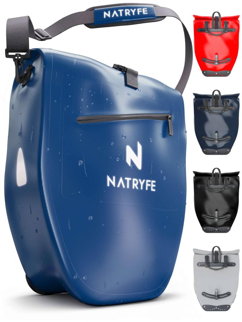 NATRYFE Fahrradtasche für Gepäckträger - 28L Volumen, 100% Wasserdicht & Robust - Mit Reflektoren & Schultergurt - Bombenfester Halt an jedem Gepäckträger - Ideale Gepäckträgertasche von NATRYFE