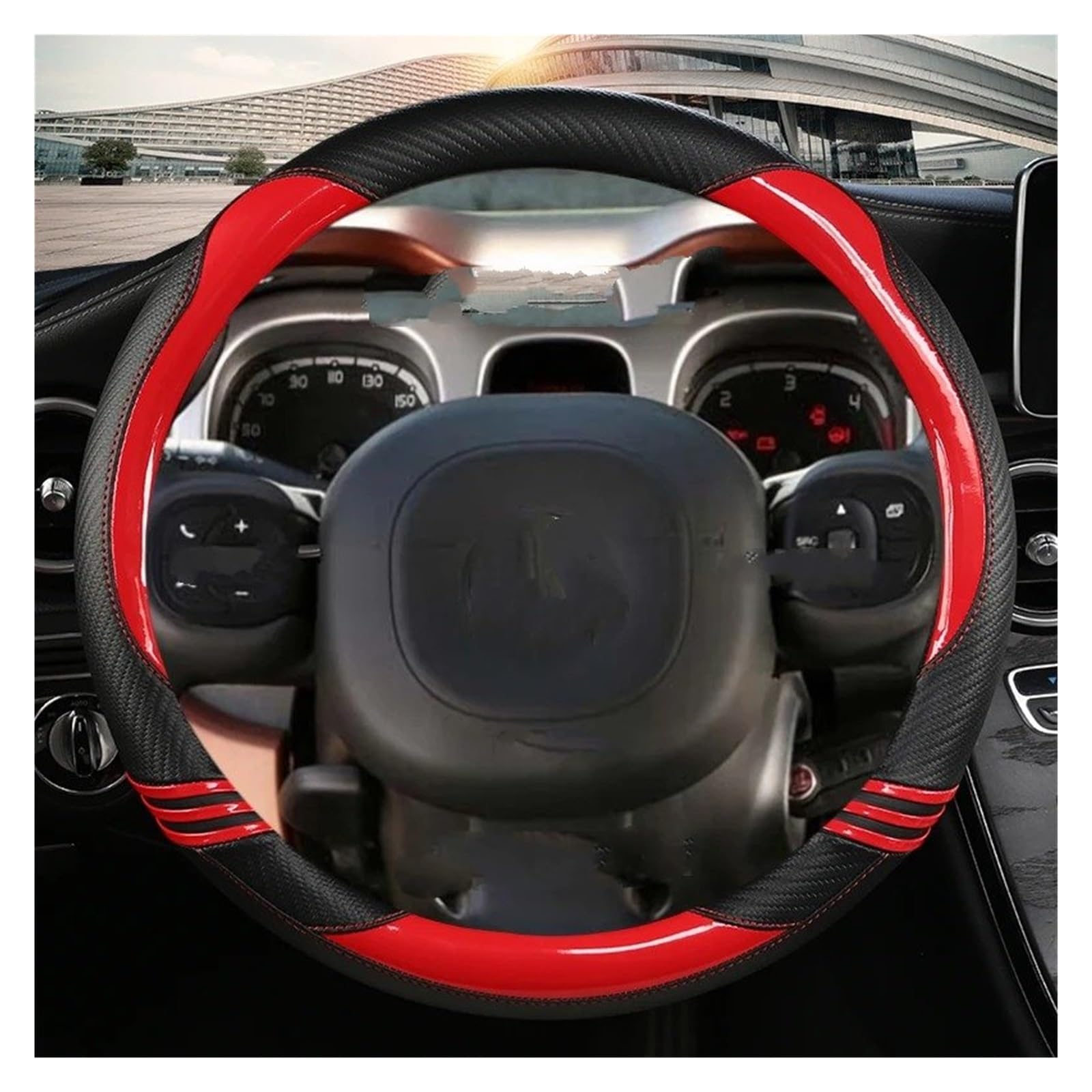 Lenkradbezug Carbon Faser Leder Auto Lenkrad Abdeckung Für FIAT Für Panda 2013 2015 2017 2019 2020 2021 2022 Auto Zubehör Auto Lenkradabdeckung(RED O Shape) von NAUTIG