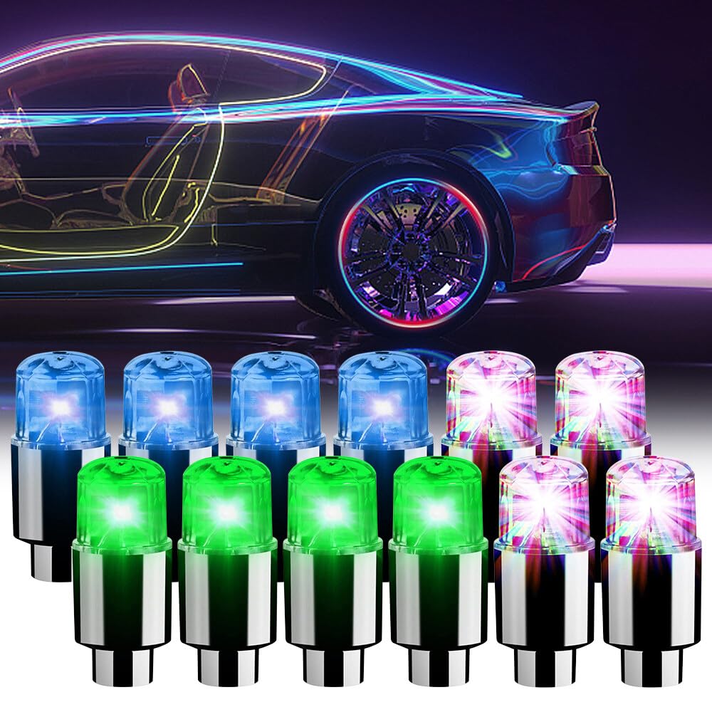 NAVESO Leuchtende Ventilkappen, 12 Stück Ventilkappenlicht, Ventilkappen Fahrrad mit intelligenten Sensoren, Fahrrad Ventilschaftkappe Reifen Beleuchtung Zubehör für Auto Fahrrad Motorrad von NAVESO