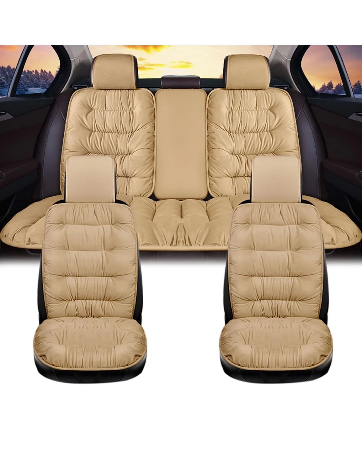 Auto Sitzauflagen Warmer Autositzbezug Für Den Winter Verdicktes Weiches Plüsch-Sitzkissen Auto-Schutzpolster Universell Für SUV Pick-up-Lkw Limousine Sitzbezüge Sitzauflagen(05-Beige full set) von NBHGFF