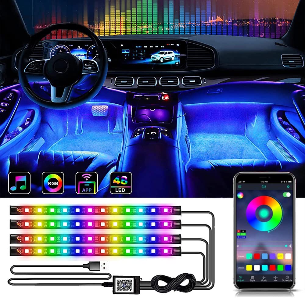 Auto-Innen-LED-Lichter, App-Steuerung, USB-Port, Auto-LED-Lichtstreifen, 4 Stück, 48 LEDs, Auto-Atmosphäre, Musik-Synchronisation, RGB-LED-Auto-Beleuchtungssets, farbige von NCONCO