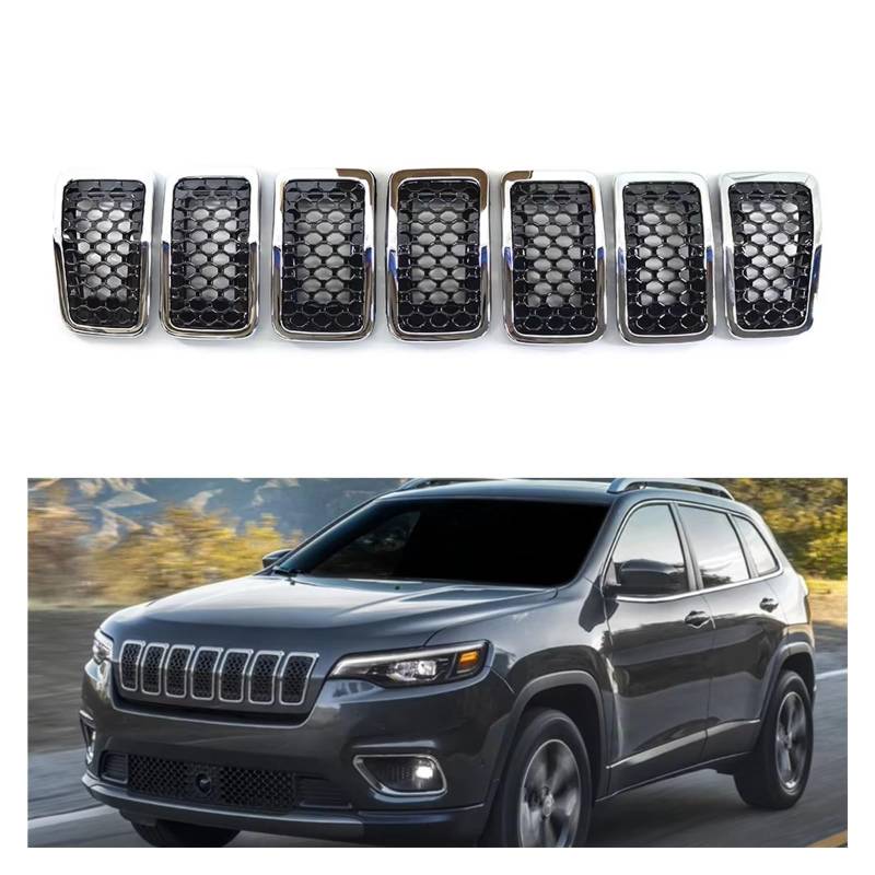 Auto Kühlergrill 7 Stück Glänzend Schwarz/Chrom Auto Vorderen Stoßfänger Niere Mesh Grille Für Jeep Für Cherokee 2019 2020 2021 2022 Zubehör Sport Kühlergrill(Chrome Black) von NCTPICLC