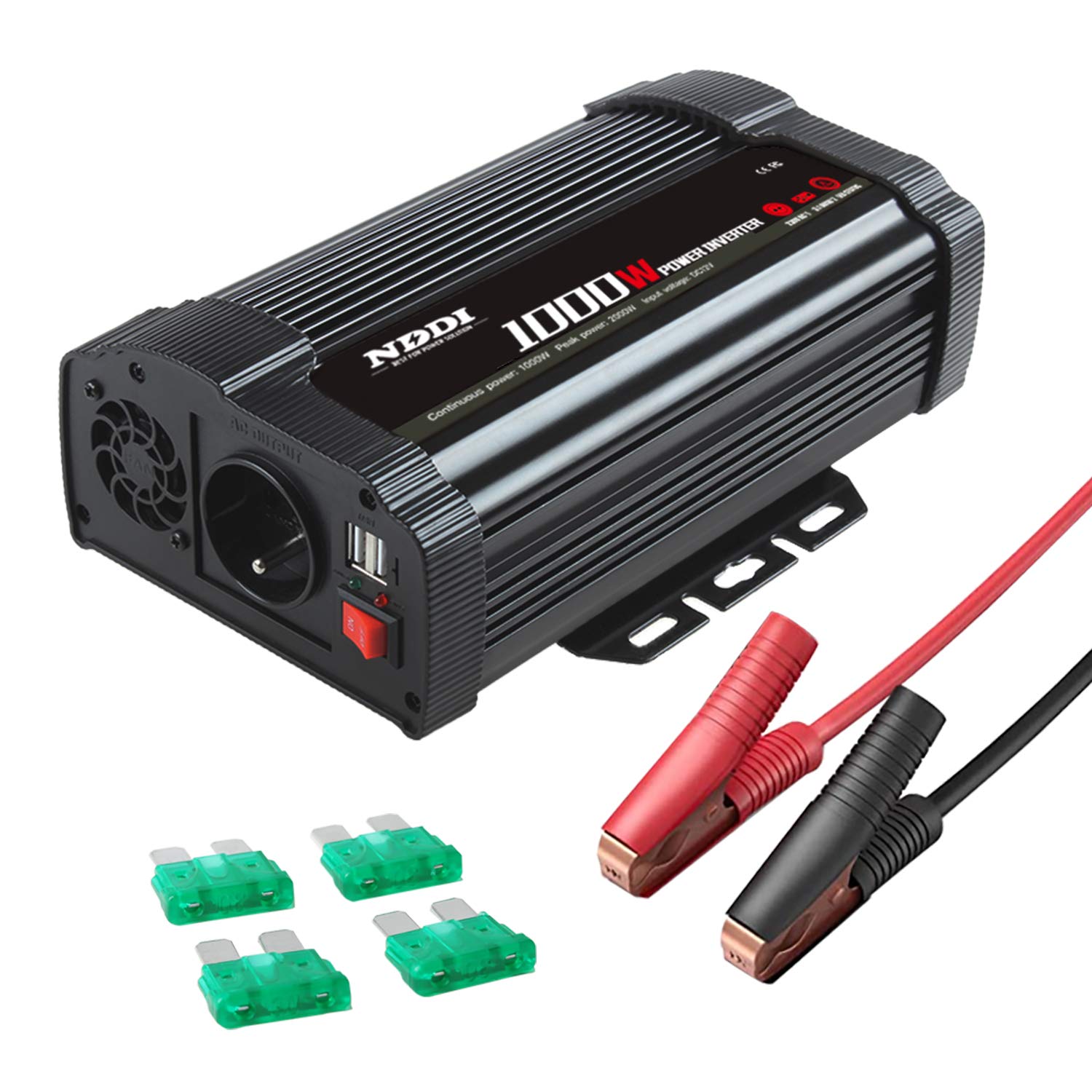 NDDI POWER 1000W Car Wechselrichter, 12V DC auf 230V AC Spannungswandler mit Dual-USB-Anschluss, Wechselrichter beim Camping, im Auto, auf Booten oder RV, Laden Sie Ihr Laptop, iPhone, Tablet, Mehr von NDDI POWER