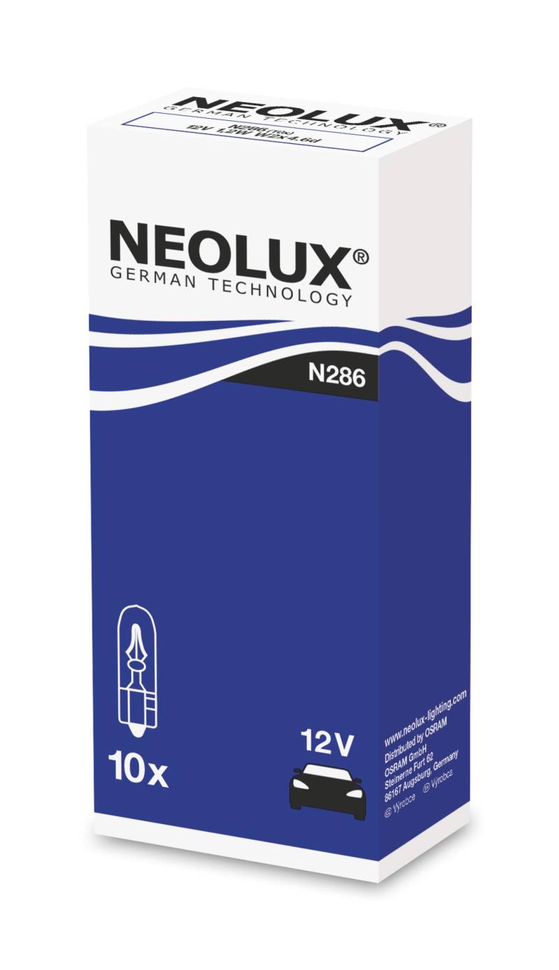 Neolux Standard Signallampe für Auto und Motorrad, N286, 12V, 1,2W, (10 Stück) W2x4,6D, Faltbox (10 St. von NEOLUX