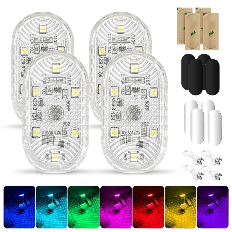 NEOVSUNY 4 Stück Auto Led Innenbeleuchtung, Magnetisch LED USB Touch Licht RGB 7 Farben Einstellbar Innenraum Ambientebeleuchtung für Auto Wiederaufladbaren Mobilen Touch Zubehör Innenraum Nachtlicht von NEOVSUNY