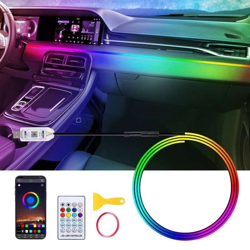 Acryl Auto LED Innenbeleuchtung,RGB Einstellbar Innenraum Ambientebeleuchtung für Auto Wiederaufladbaren Auto Strip 110cm 146LEDs mit 219 Szenen-Optionen, USB-Port,APP-Steuerung mit Fernbedienung von NEOVSUNY