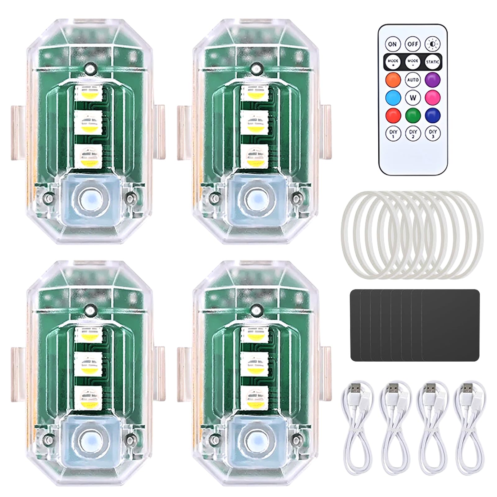 NEOVSUNY 4 Stück Drahtloses Auto LED-Blitzlichter Akku mit Fernbedienung,8 Colours LED-Flugzeug-Blitzlicht und USB-Aufladung für Auto Drohnen-Antikollisionslichter Flugzeug-Blitzlichter von NEOVSUNY