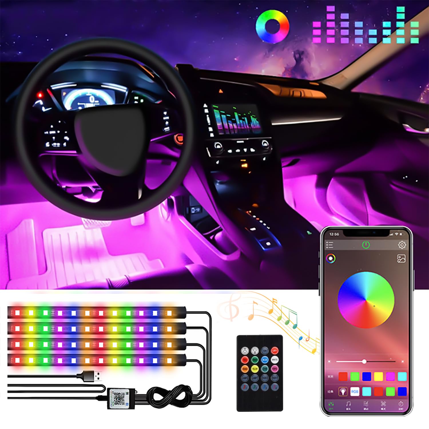 NEOVSUNY LED Innenbeleuchtung Auto, 4pcs 72 LED Atmosphäre Licht Auto Innenraumbeleuchtung Ambientebeleuchtung, 12V Wasserdicht LED Strip Steuerbare Lichtleiste mit APP & Fernbedienung Steuerung von NEOVSUNY