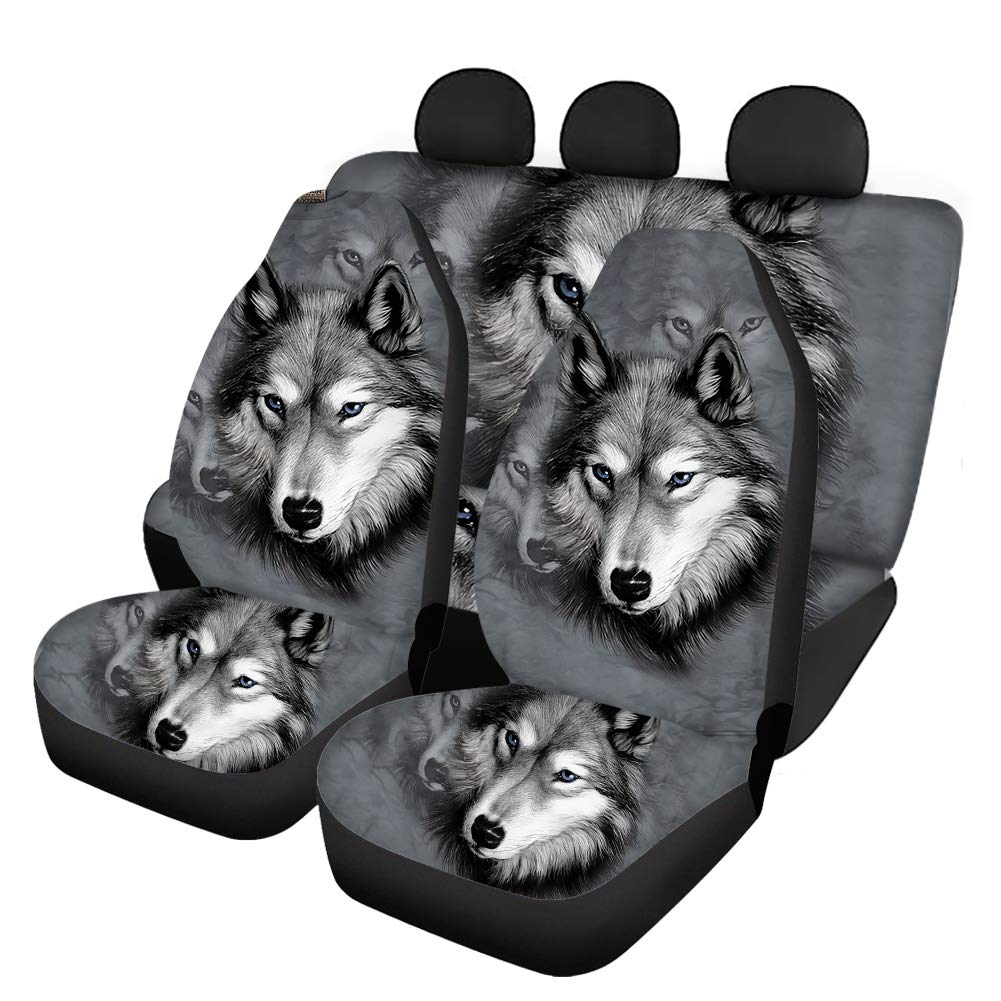 NETILGEN Grey Wolf Autositzbezug-Set Universal Autozubehör 4-teiliges Set, 2-teiliges Auto-Vordersitzbezüge + 2-teilige Geteilte Sitzbezug-Rücksitzschutz-Komplettset für Damen Herrengeschenke von NETILGEN