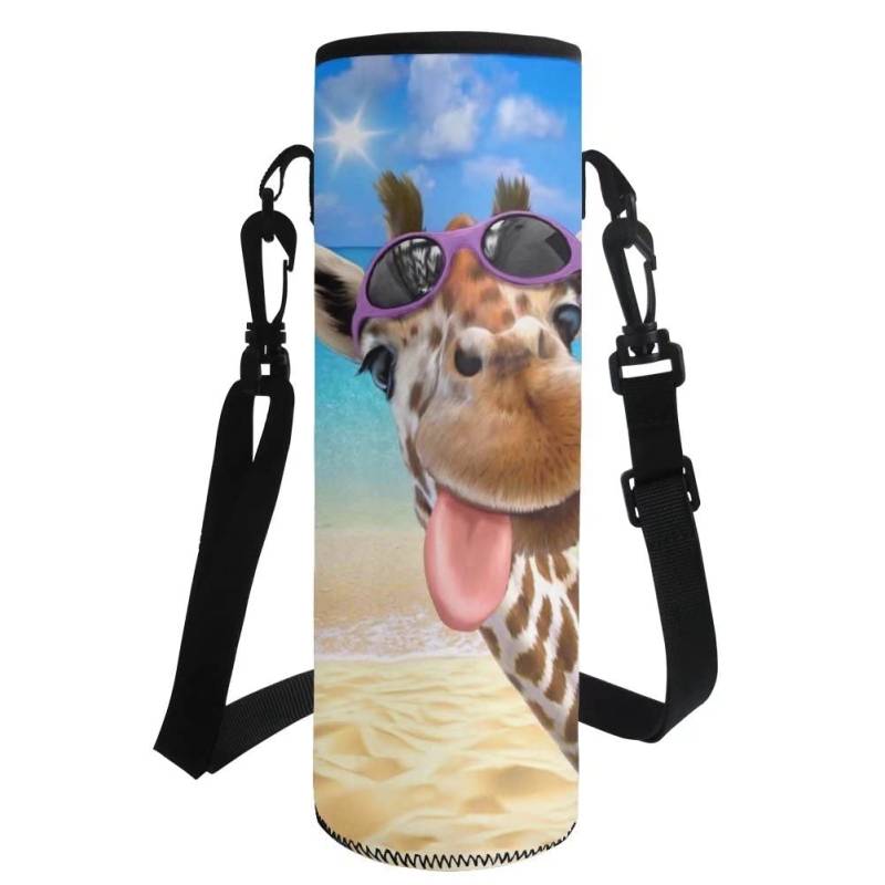 NETILGEN Lustige Giraffe Neopren Wasserflasche Tragetasche Schultergurt Flaschenhalter Abdeckung Case Cup Sleeve mit abnehmbarem Schultergurt für Outdoor-Sport, Wandern, Camping von NETILGEN