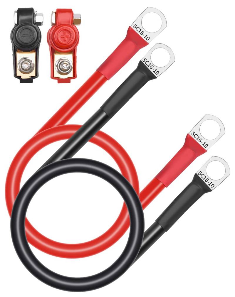 NETONDA 2 Stück Batteriekabel,50cm 16mm² 5AWG Auto Batteriekabel mit Ringklemmen Kupferdraht,12V Motorrad Batterie Kabel Mit 2 Ösen, 1 Paar Massekabel +1 Paar Batterieschalter für Autos LKW Motorrad von NETONDA