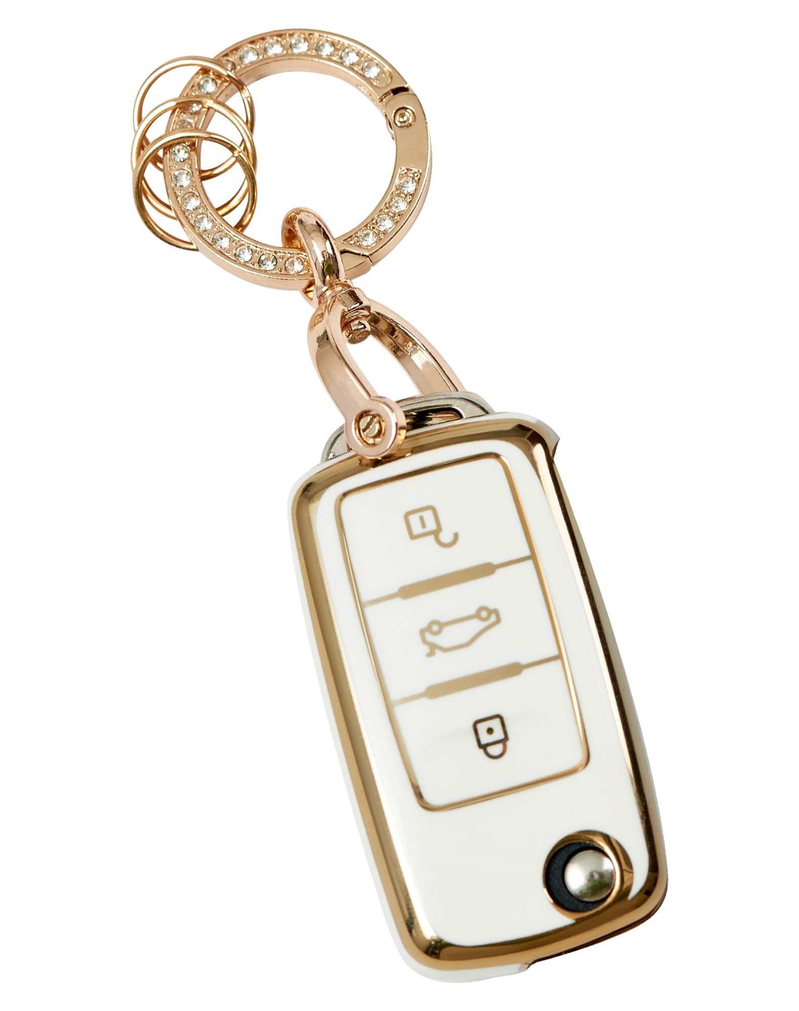 NETONDA Autoschlüssel Hülle für VW, 3 Tasten Schlüsselschutz mit Schlüsselanhänger Kompatibel mit Volkswagen Polo Golf 4/5/6/7 Tiguan Passat Multivan T5 Caddy Jetta Bora Superb Skoda - Weiß + Gold von NETONDA