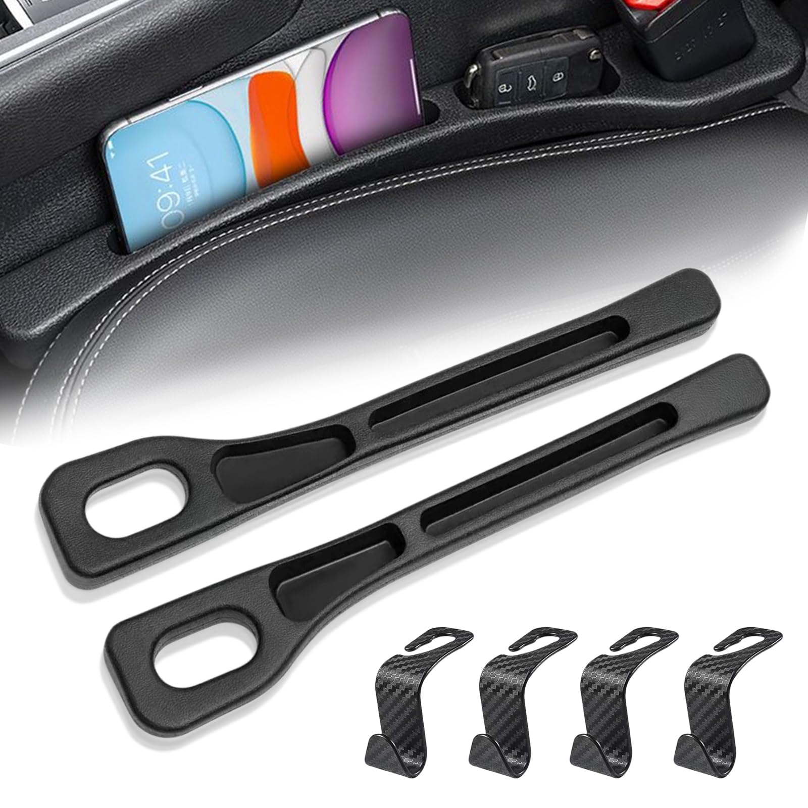 2er Set Autositz Lückenfüller, Universell Autositz-Spaltfüller mit 4 Stück Auto Lagerung Haken Car Seat Gap Filler Autositz Gap Plug für Die Meisten Modelle von Autos, Schwarz von NEUSID