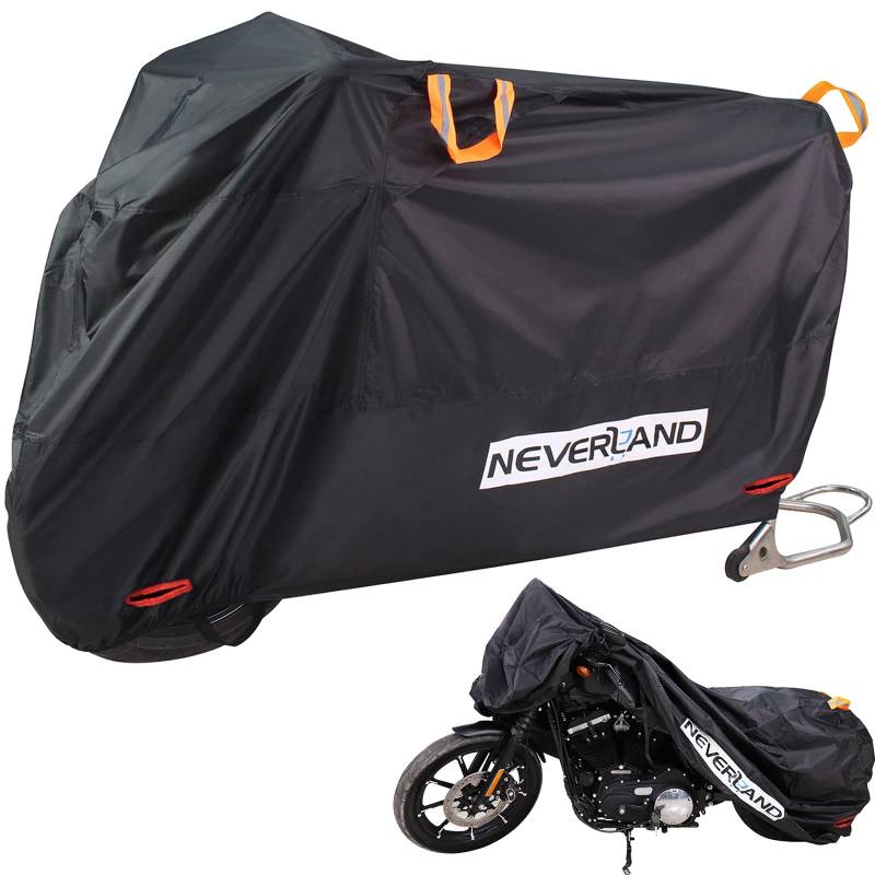 Motorrad Abdeckplane Outdoor NEVERLAND 210D Oxford Motorradabdeckung Indoor mit Verriegelungslöchern Reflektierende Streifen Roller Abdeckplane Winterfeste Wasserdichte Motorradplane 245*105*125cm von NEVERLAND