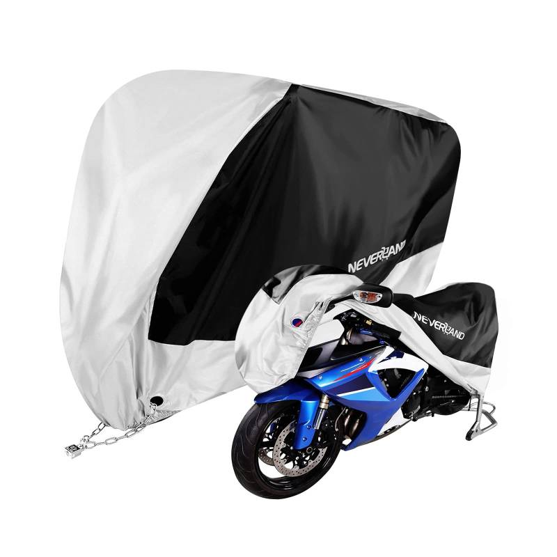 NEVERLAND Motorrad Abdeckplane, Motorrad Garage mit Verschlusslöchern, Motorrad Abdeckplane Outdoor Wasserdicht, Motorrad Garage Outdoor Sonnenschutz, Silber, 190T Polyester 1000PA XXXL:295x110x140CM von NEVERLAND