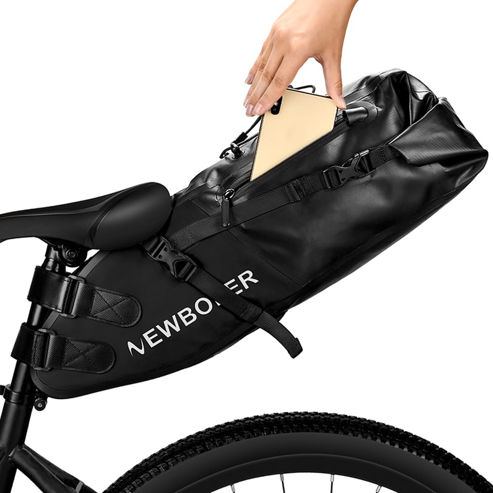 NEWBOLER Fahrradsattel Tasche groß - Wasserdichtes Fahrrad Aufbewahrungstasche13L Reflektierende Fahrradtasche, Fahrradtasche, Fahrradsitz Tasche für Mountain Road Bike Travel (Schwarz) von NEWBOLER