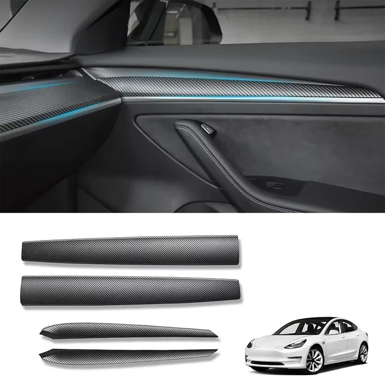 NEWFUN Für Tesla Model 3 Model Y Dash Wrap Armaturenbrett Türverkleidung, Für Tesla 3 /Y 2021-2023, Carbon Fibre Interior Kit Zubehör, Dashboard Interior Zubehör, 4PCS von NEWFUN