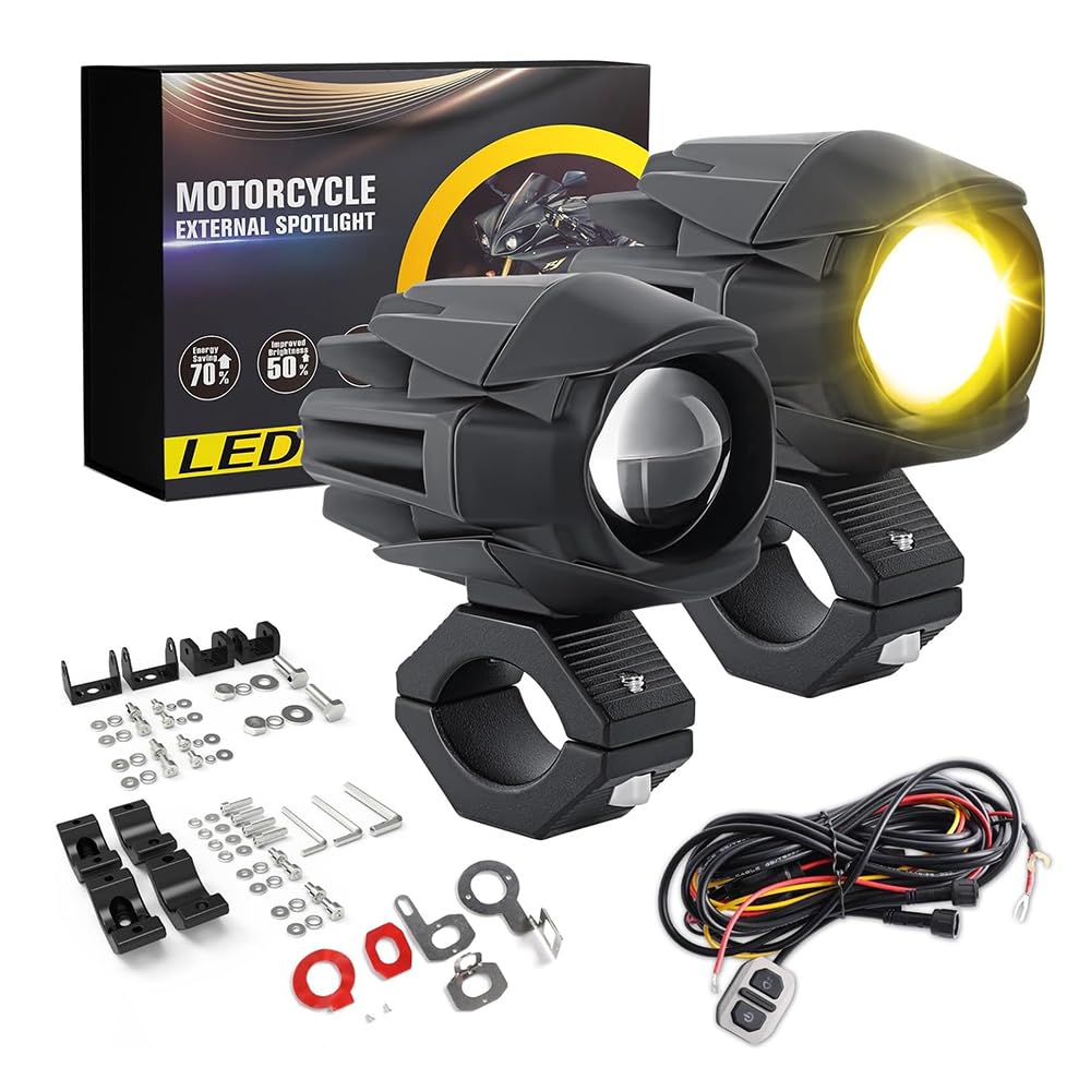 NEWFUN Motorrad LED Zusatz Licht 60W,Motorrad Scheinwerfer LED,Motorrad Zusatzscheinwerfer,60W, Weißes/Gelbes Licht, IP67 Wasserdicht, Hochwertiges Licht, Geeignet Für Eine Vielzahl von Modellen von NEWFUN