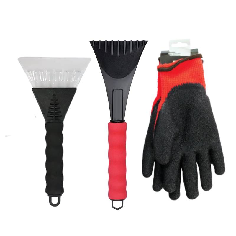 1X Soft Grip Eiskratzer & 1X Langer Griff Eiskratzer mit großen Thermohandschuhen - Auto Eiskratzer für Windschutzscheibe, Autofensterschaber und Winterhandschuhe für Kälteschutz (farblich sortiert) von NEXCARZE