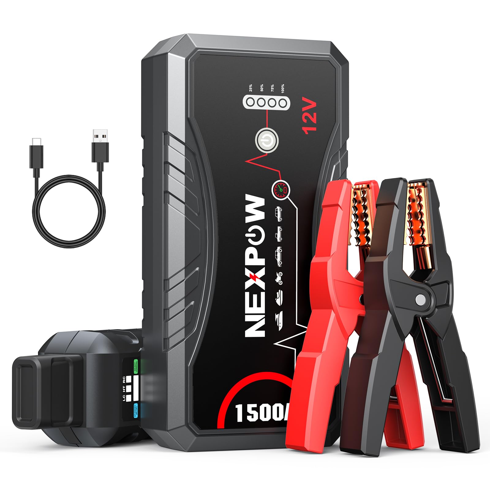 NEXPOW Starthilfe Powerbank, 1500A Spitzstrom Tragbare Auto Starthilfe 12V für 7.0L Benzin und 5.5L Dieselmotor, Starter Powerbank mit LED Taschenlampe/USB, Batterie Jump Starter mit Starthilfekabel von NEXPOW