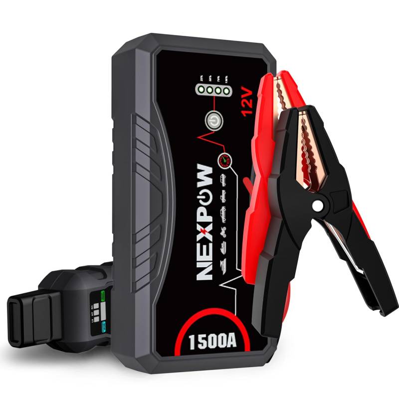 NEXPOW Starthilfe Powerbank, 1500A Spitzstrom Tragbare Auto Starthilfe 12V für 7.0L Benzin und 5.5L Dieselmotor, Starter Powerbank mit LED Taschenlampe/USB, Batterie Jump Starter mit Starthilfekabel von NEXPOW