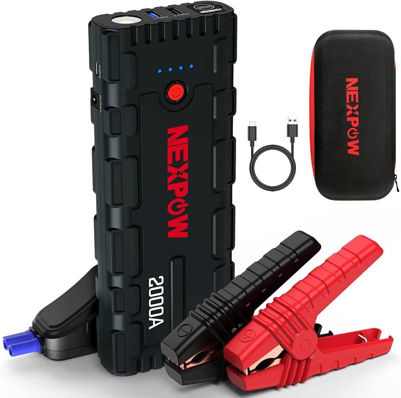 NEXPOW Starthilfe Powerbank, 2000A Spitzenstrom Auto Starthilfe, 12V Tragbarer Batterie Booster mit USB-Schnellladung 3.0 (bis zu 7,0L Benzin oder 6,5L Diesel) Safe Batteriestarter LED-Licht (schwarz) von NEXPOW