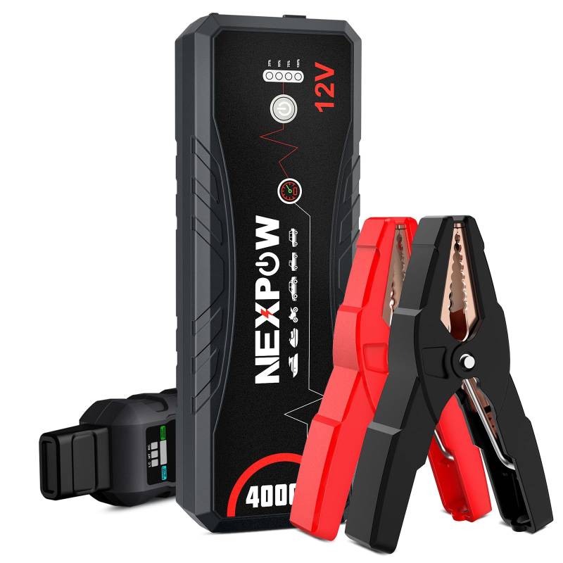 NEXPOW Starthilfe Powerbank, 4000A Spitzstrom Tragbare Auto Starthilfe 12V für Alle Benzin und 10.0L Dieselmotor, Starter Powerbank mit LED Taschenlampe/USB, Batterie Jump Starter mit Starthilfekabel von NEXPOW