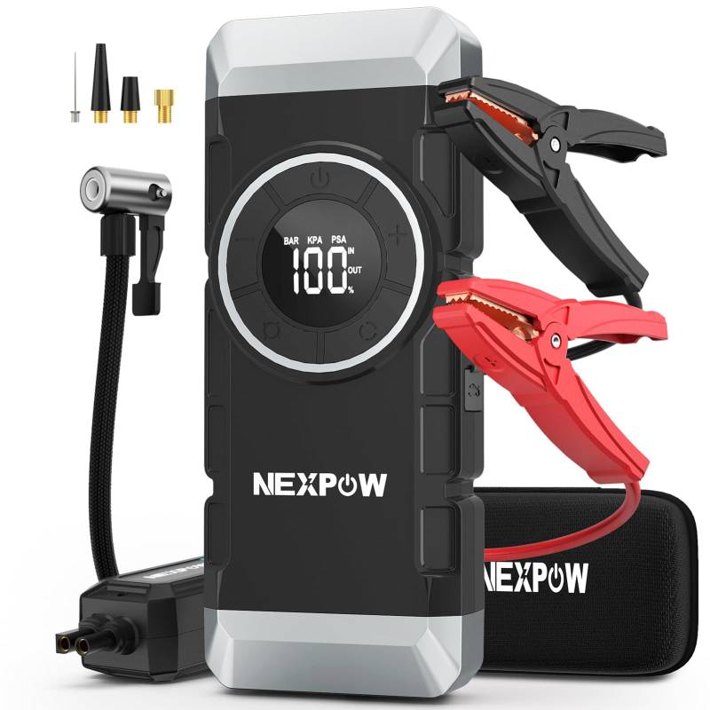 NEXPOW Starthilfe Powerbank mit Luftkompressor, 150PSI 2000A Spitzenstrom Auto Starthilfe Powerbank für 8.5L Benzin und 8.0L Dieselmotor, Starthilfe mit LED-Taschenlampe von NEXPOW