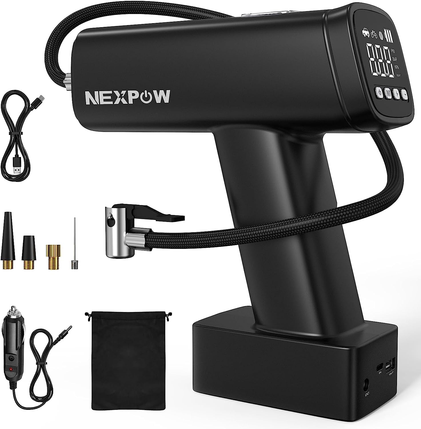 NEXPOW Tragbarer Luftkompressor Mini Reifenpumpe 160PSI 7500mAh Elektrischer Luftpumpe 12V DC Wiederaufladbarer Fahrradpumpe Kompressor mit Digital LED für Auto Fahrrad Motorrad Bälle Autos, AutoOff von NEXPOW