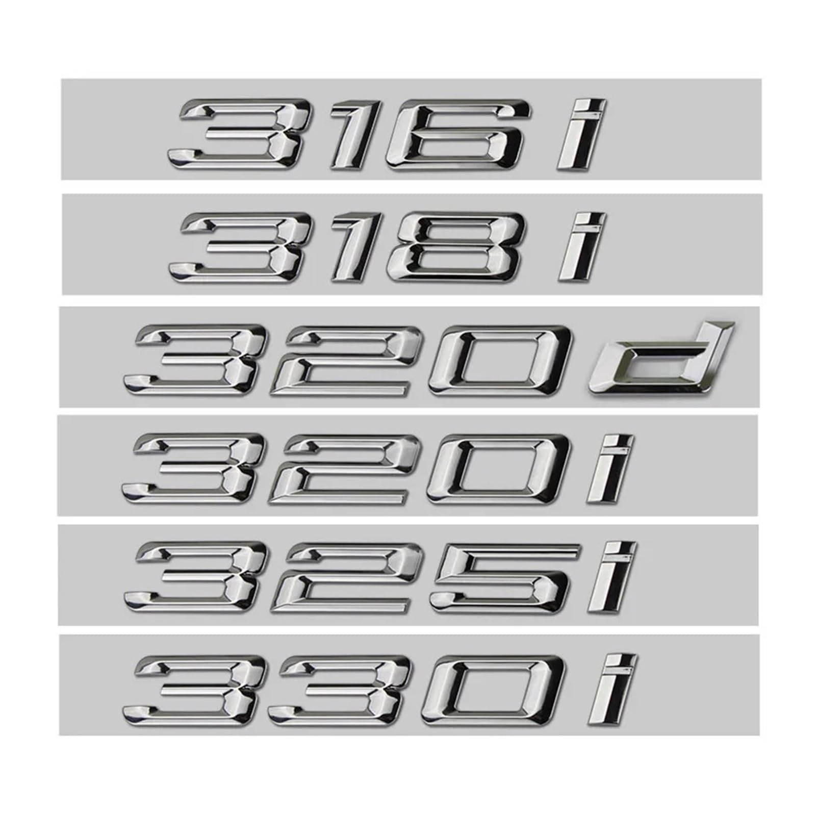 NIBOTT 3D ABS Auto Buchstaben Stamm Abzeichen 316i 318i 320i 325i 328i 330i 335i 330d 320d Emblem Logo Aufkleber Fit for BMW E46 F30 E90 Zubehör (Color : Chrome Silver, Size : 320d) von NIBOTT