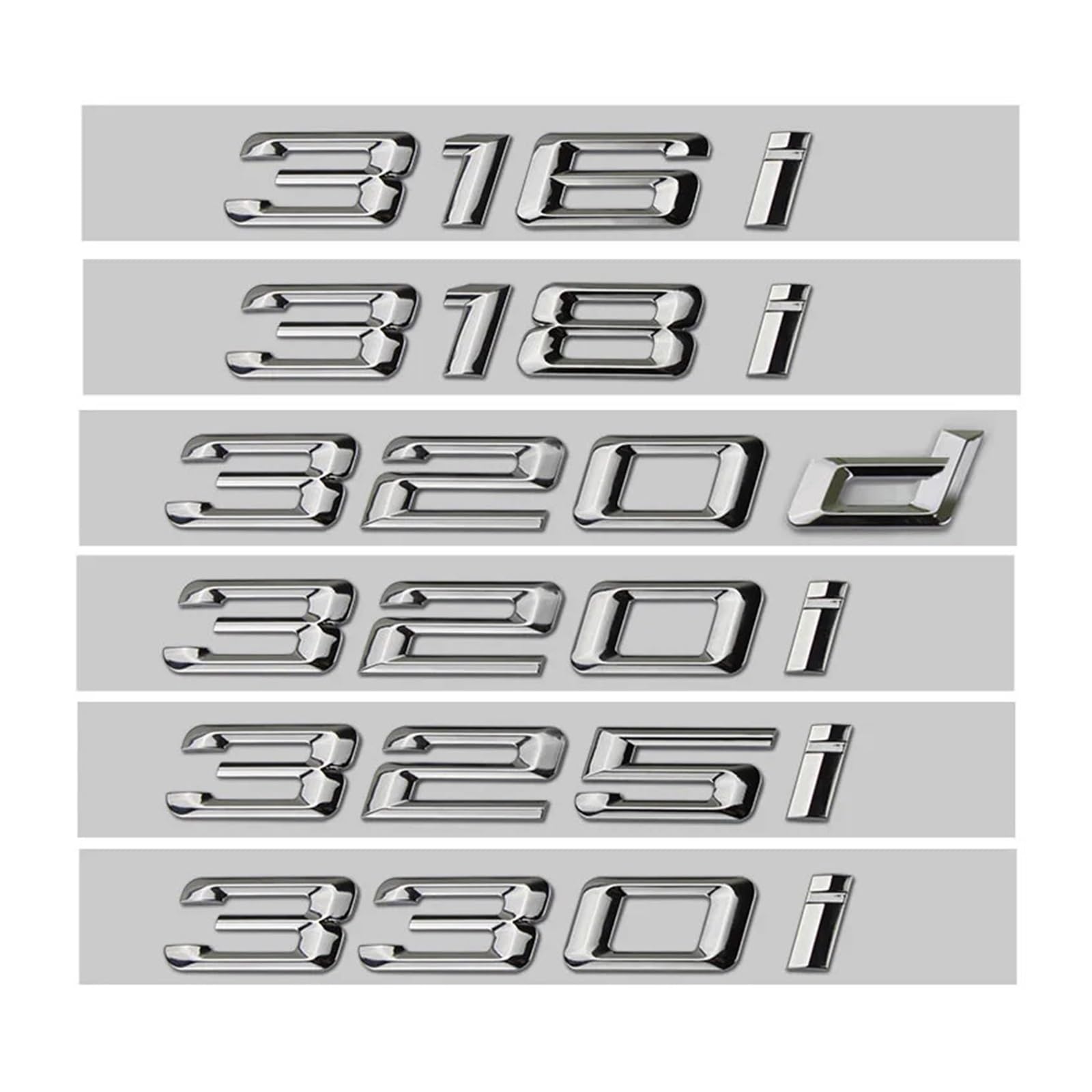 NIBOTT 3D ABS Auto Buchstaben Stamm Abzeichen 316i 318i 320i 325i 328i 330i 335i 330d 320d Emblem Logo Aufkleber Fit for BMW E46 F30 E90 Zubehör (Color : Chrome Silver, Size : 325i) von NIBOTT