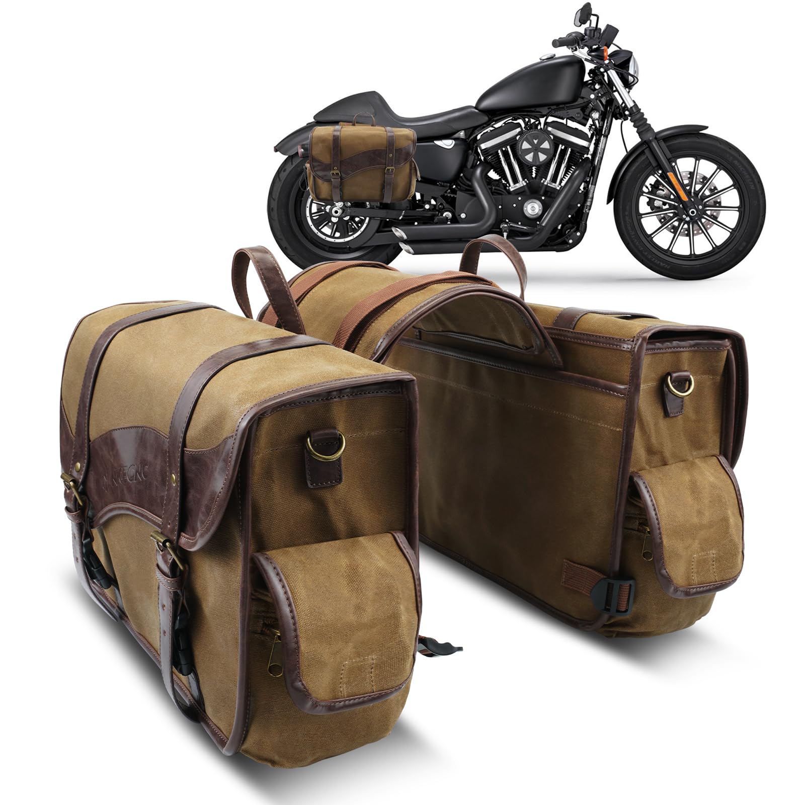 NICECNC Motorrad-Satteltaschen, Vintage Öl gewachstes Segeltuch Motorrad Satteltaschen, Motorrad Packtaschen Side Throw Over Satteltaschen Kompatibel mit Harley Adventure Street Glide (Braun) von NICECNC