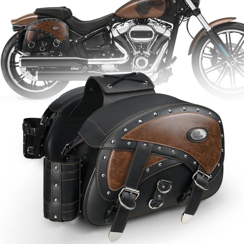 NICECNC Motorrad Satteltaschen Leder, 35L Große Kapazität Überwurf Satteltaschen Motorrad Seitengepäcktaschen mit Getränkehaltern Kompatibel mit Sportster Softail Dyna Shadow Road King Universal, von NICECNC