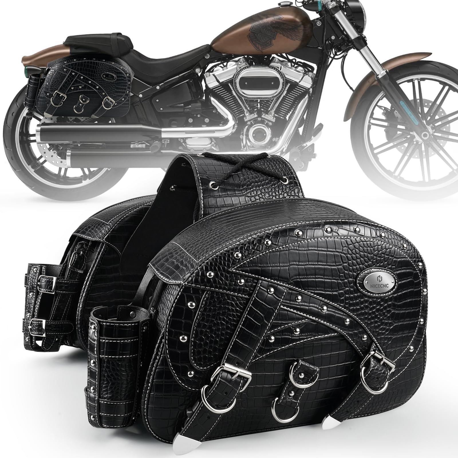 NICECNC Motorrad Satteltaschen Leder, 35L Große Kapazität Überwurf Satteltaschen Motorrad Seitengepäcktaschen mit Getränkehaltern Kompatibel mit Sportster Softail Dyna Shadow Road King Universal, von NICECNC