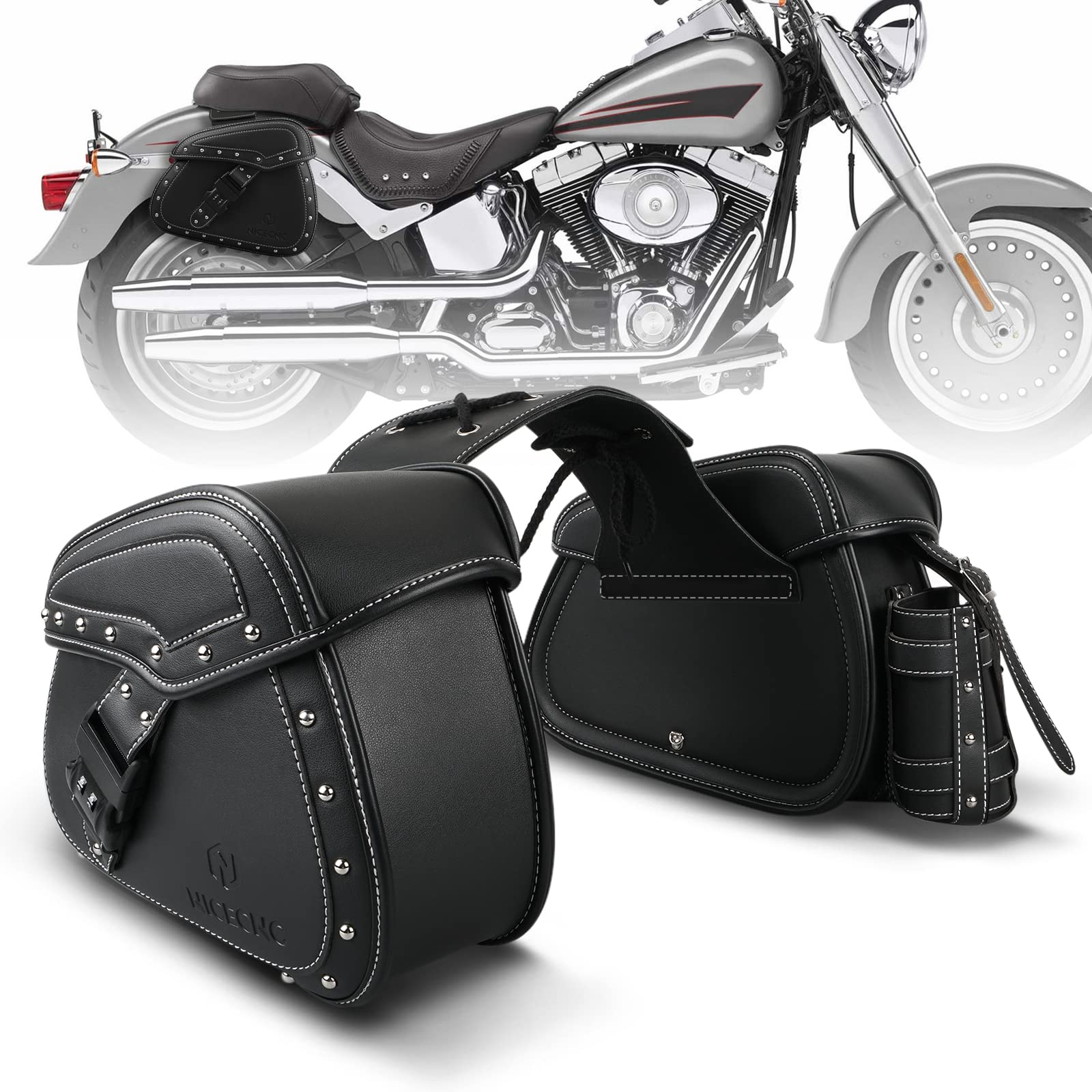 NICECNC Motorrad Satteltaschen PU Leder, 22L Große Kapazität Throw Over Satteltaschen Seitengepäcktasche mit Getränkehalter und Schloss, Kompatibel mit Softail Dyna Iron Fat Boy V-Star Shadow Vulcan, von NICECNC