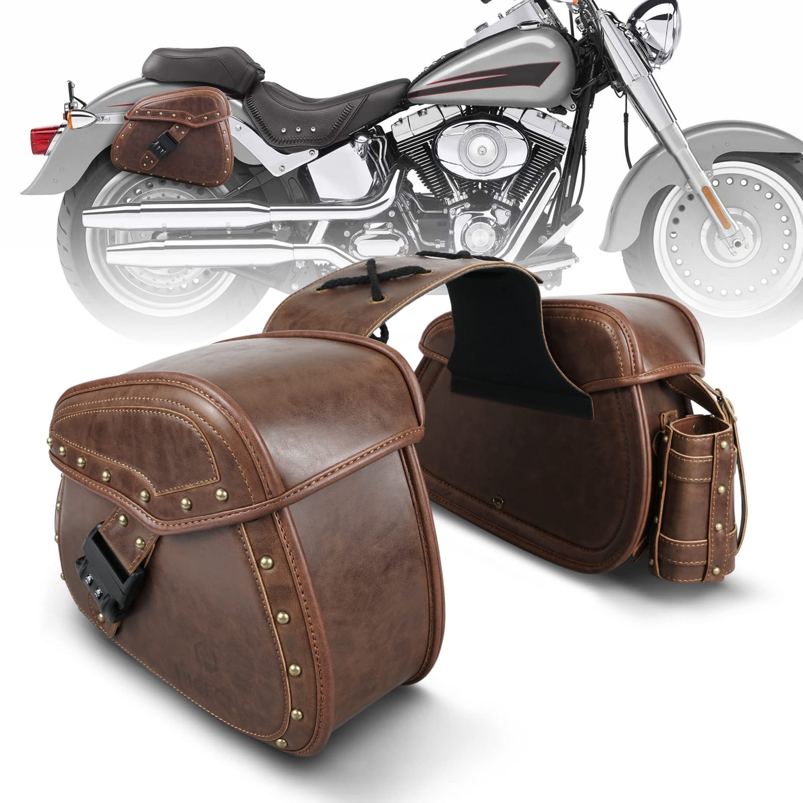 NICECNC Motorrad Satteltaschen PU Leder, 22L Große Kapazität Throw Over Satteltaschen Seitengepäcktasche mit Getränkehalter und Schloss, Kompatibel mit Softail Dyna Iron Fat Boy V-Star Shadow Vulcan, von NICECNC