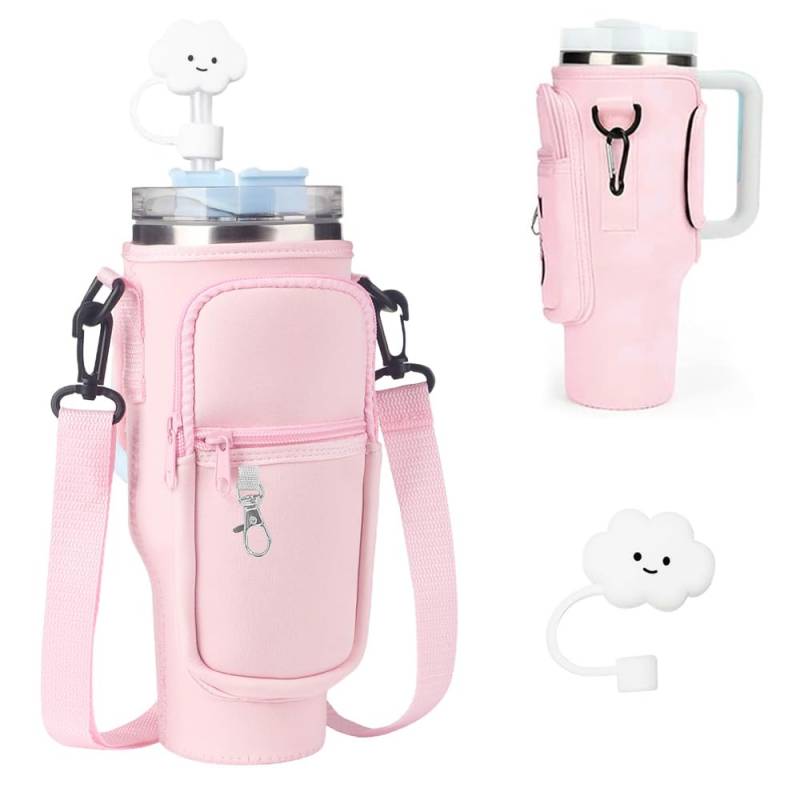 NICEWAT Tasche für Stanley Cup 40oz, Tragetasche für Stanley Becher mit Handytasche, Strohhülle und verstellbar Schultergurt, Wasserflaschenhalter für Wandern Laufen Radfahren (Rosa) von NICEWAT