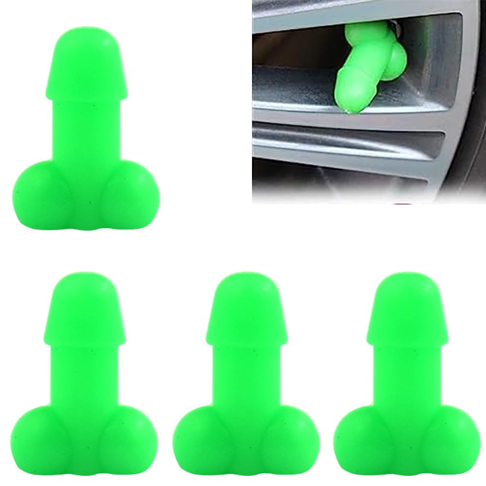 4 Stück Ventilkappen Penis, Funny Penis Valve Stem Caps Reifenventilkappen Streich Penisförmige, Ventilkappen Autoventil Reifen Luftventilschaft Kappen für Autos Fahrräder Motorräder(Grün) von NIEEKRUN