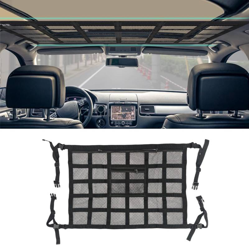 NIEEKRU Autodach Gepäcknetz, 80×52cm Doppelschicht Autodach Gepäcknetz, Universal Netz für SUV, Jeep, Van – Mit 4 Haken, Schwarzes Polyester von NIEEKRUN