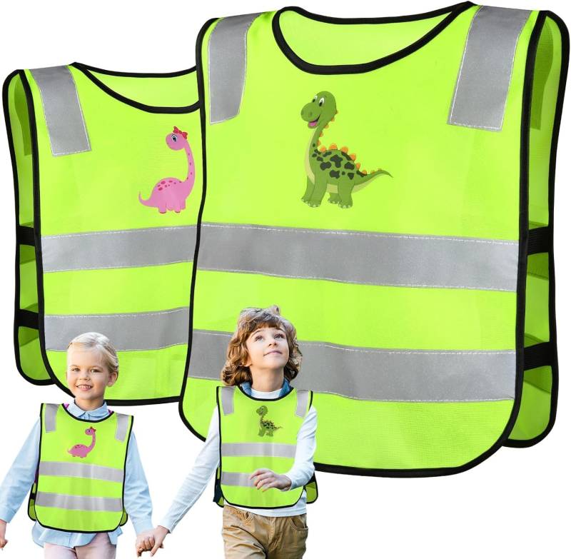 NIEEKRUN 2er Set Kinder Warnweste, Reflektorweste mit Niedlichem Dino-Design für Jungen und Mädchen, 360° Sichtbarkeit Sicherheitsweste Kinder, Ideal für Schule und Sport von NIEEKRUN