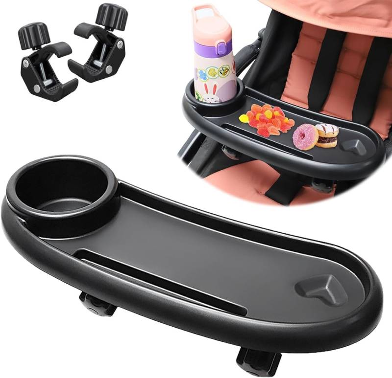 NIEEKRUN Snack Tablett Für Kinderwagen, 3 In 1 Getränkehalter Kinderwagen Telefonhalter mit Verstellbarem Clip, Universelles Kinderwagentablett, Zubehör für Meisten Abnehmbarer Kinderwagen Armlehnen von NIEEKRUN